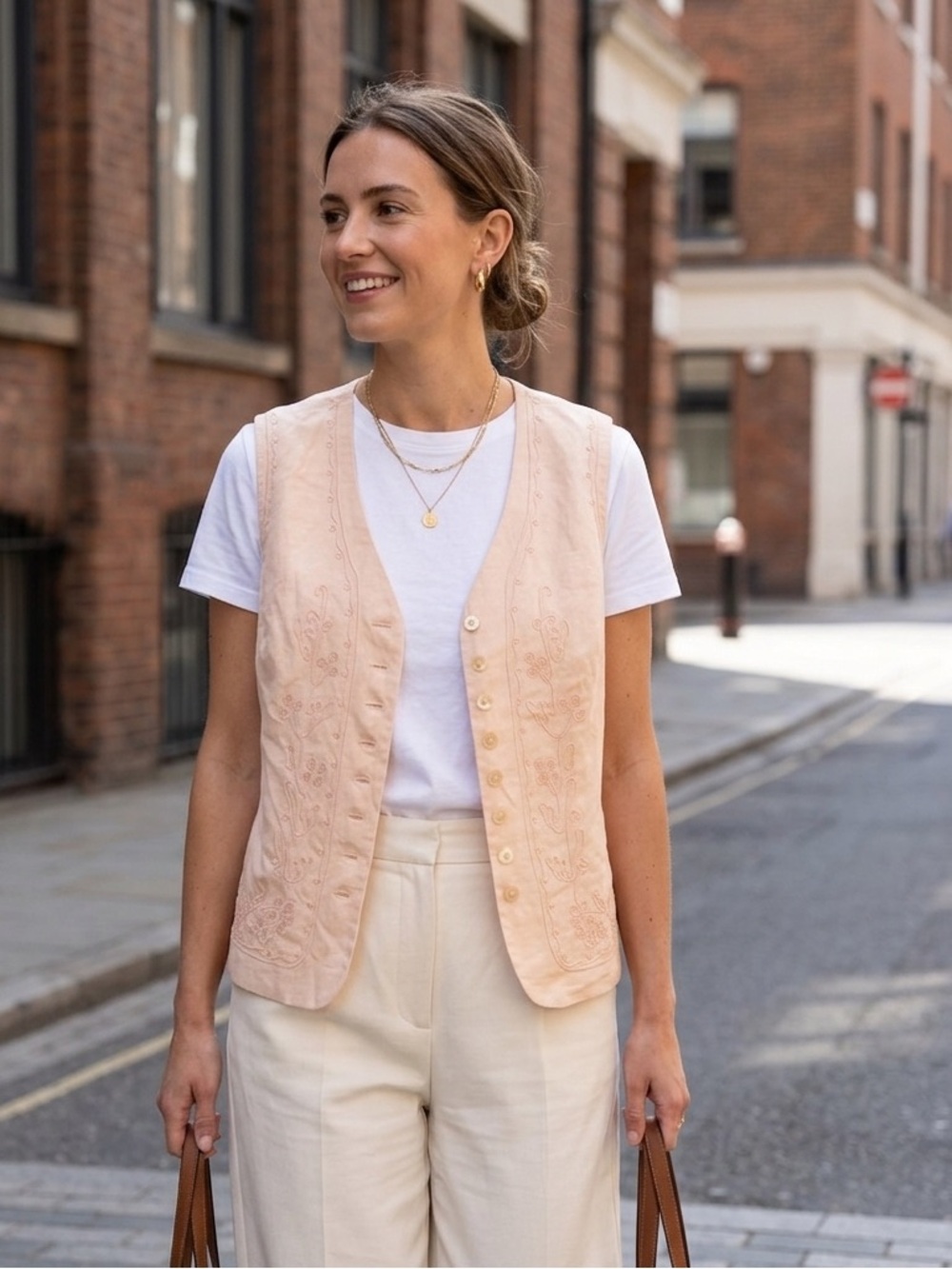 Vintage 90s Peach Linen Floral Embroidered Waistcoat Vest Stephanie Andrews XL